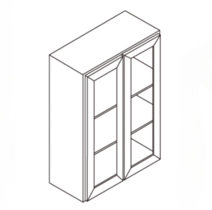 3D sketch of a two-door cabinet with three shelves inside.